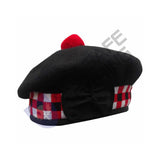 Scottish Black Wool Blended Balmorals Dice Hat With Red Pompom on Top