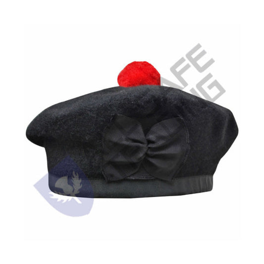 Scottish Black Wool Blended Balmorals Hat With Red Pompom on Top