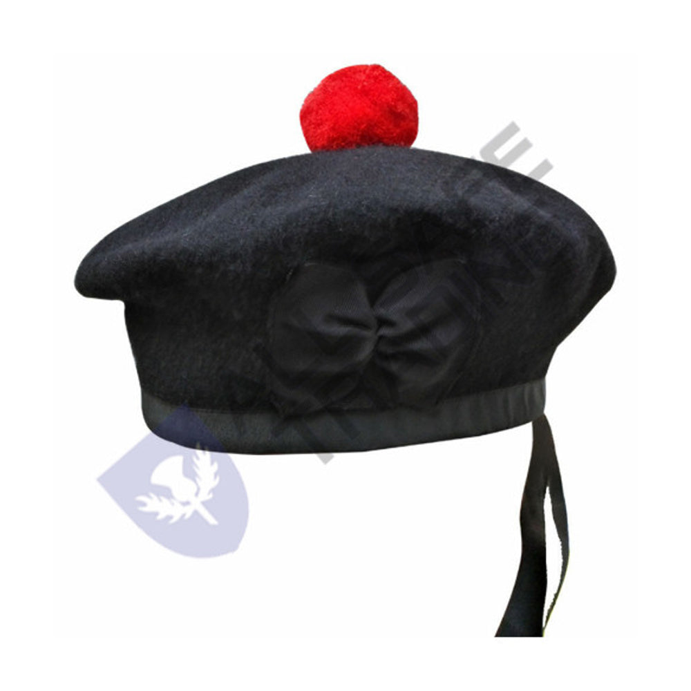 Scottish Black Wool Blended Balmorals Hat With Red Pompom on Top