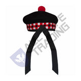 Scottish Black Wool Blended Balmorals Dice Hat With Red Pompom on Top