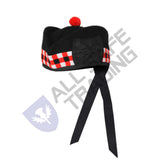 Scottish Black Wool Glengarry Dice Hat with Red Pompom