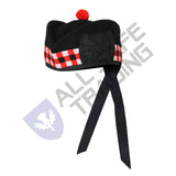 Scottish Black Wool Glengarry Dice Hat with Red Pompom