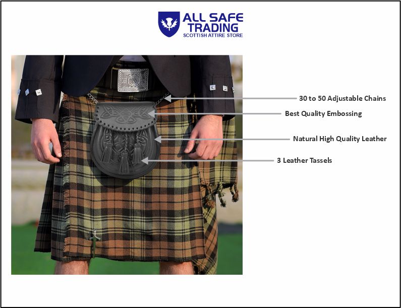 Premium Leather Sporran for Men - Ideal Kilt Accessories for Men, Scottish Kilt Sporran with Chain Belt Art # 5