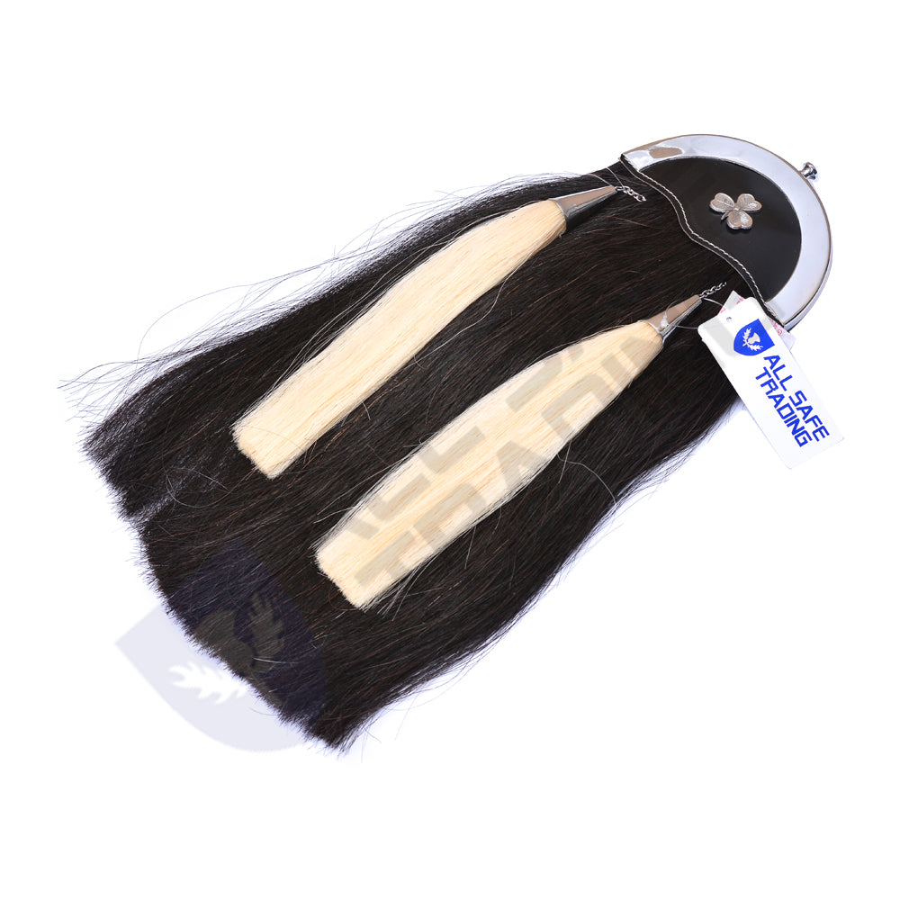 Scottish Military Long Horse Hair Sporran, Shamrock with 2 White Tassels