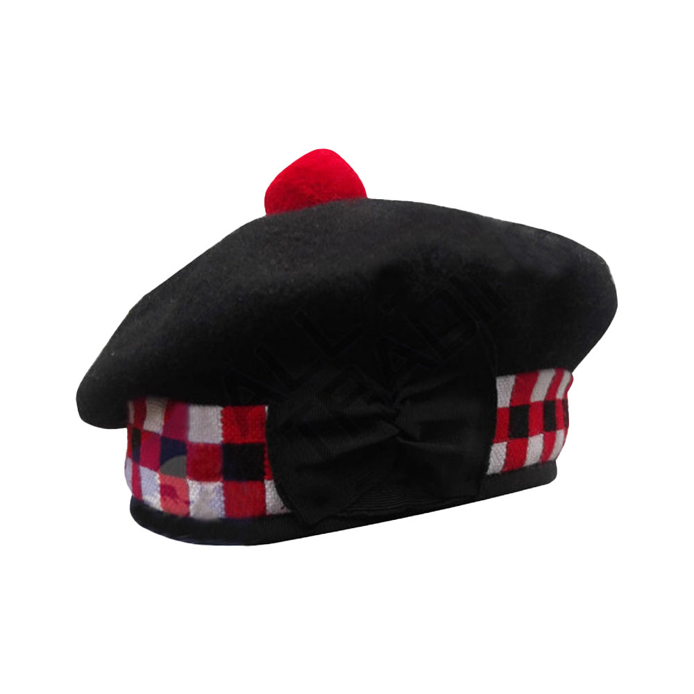 Scottish Black Wool Blended Balmorals Dice Hat With Red Pompom on Top