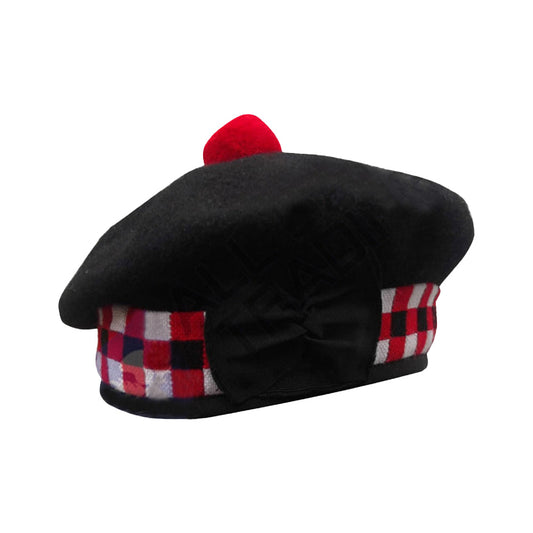 Scottish Black Wool Blended Balmorals Dice Hat With Red Pompom on Top