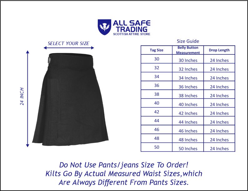 Authentic Scottish Men's Tartan Kilts - Highland Light Weight Value Kilt Embrace Your Heritage with Comfort Plain Black Tartan Kilt