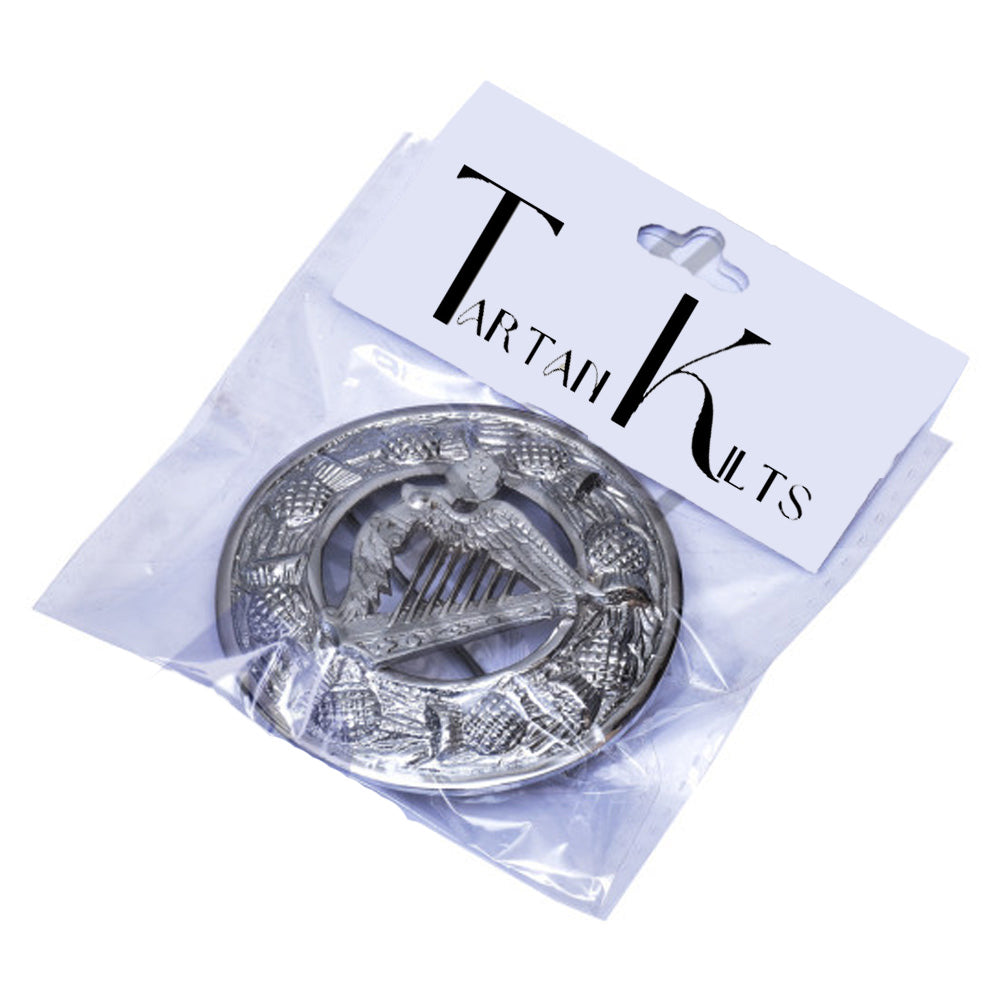 New Irish Harp Kilt Fly Plaid Brooch With Scrolling Thistle Border