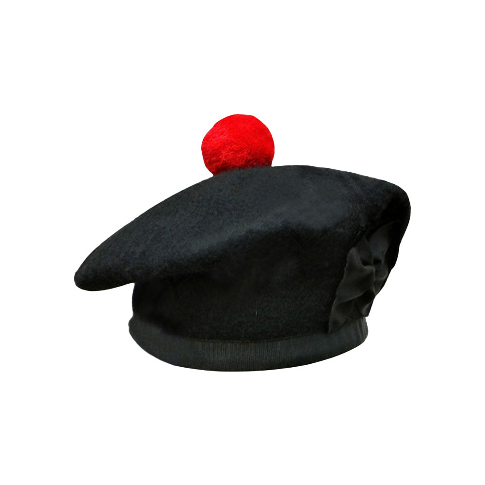 Scottish Black Wool Blended Balmorals Hat With Red Pompom on Top