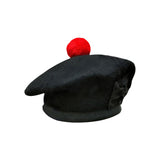 Scottish Black Wool Blended Balmorals Hat With Red Pompom on Top