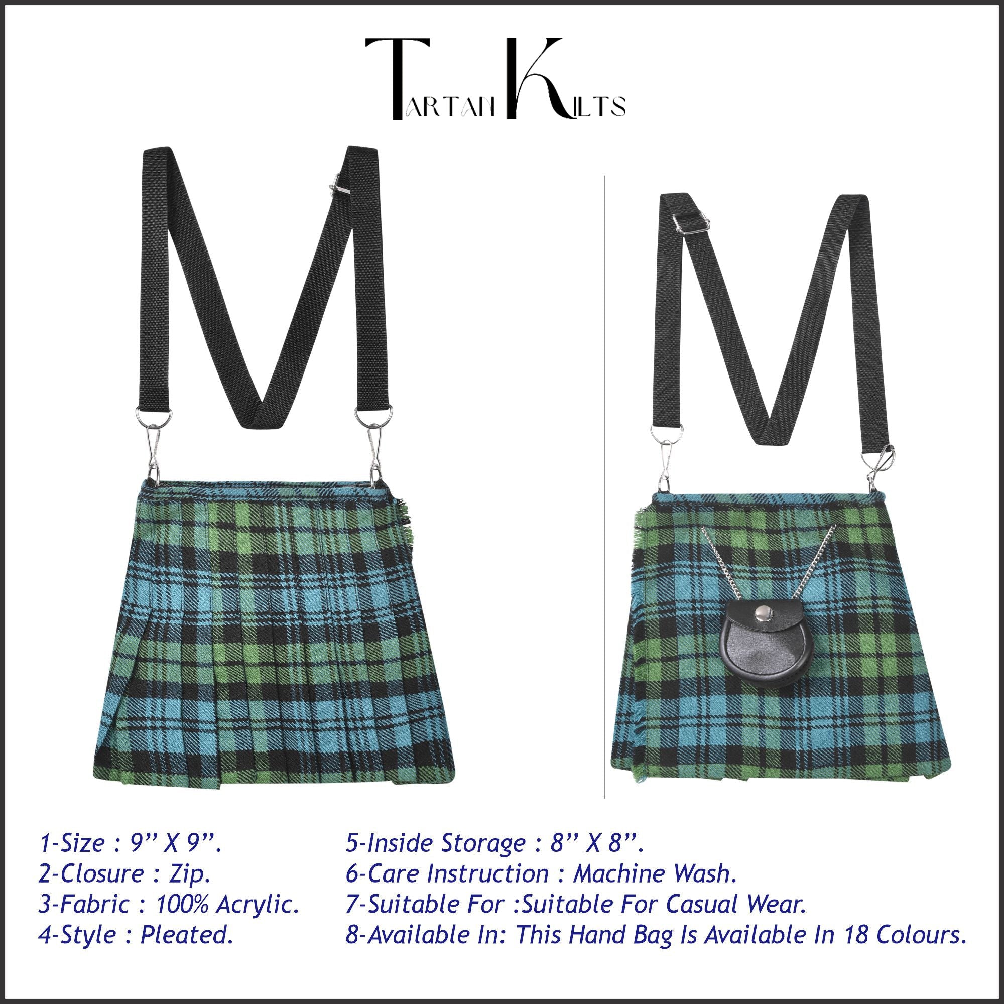 Traditional Scottish Women Tartan Bag Pleated Crossbody Purse - Adjustable Straps, Zip Closure Campbell Ancient Tartan