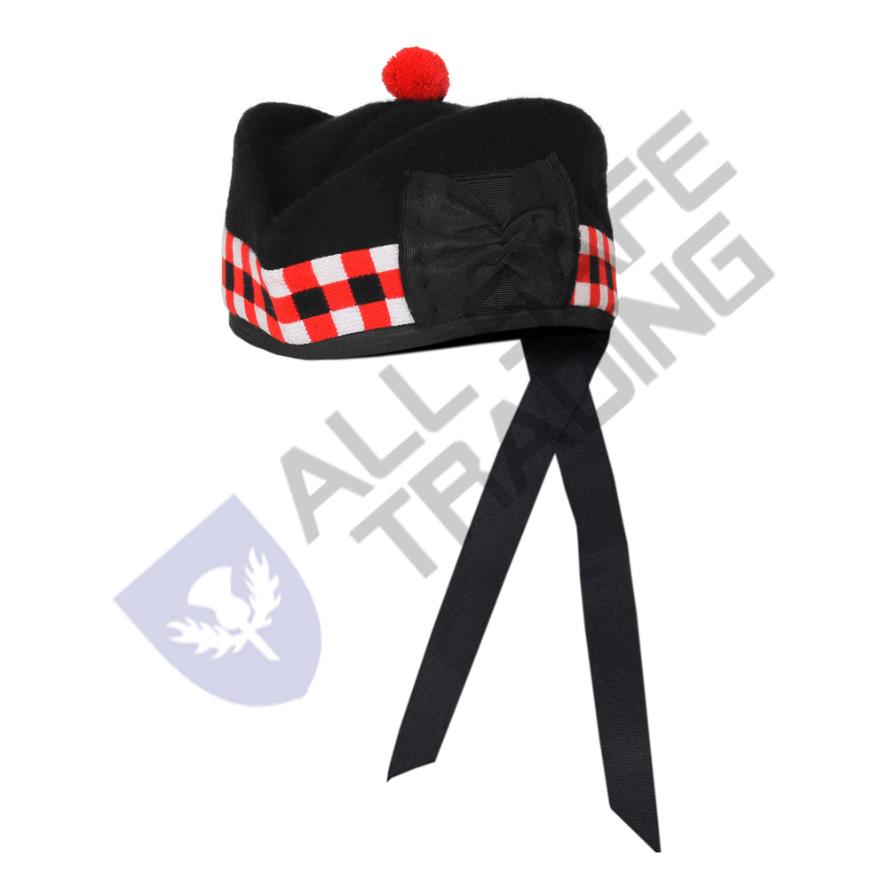 Scottish Black Wool Glengarry Dice Hat with Red Pompom