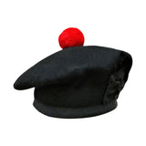 Scottish Black Wool Blended Balmorals Hat With Red Pompom on Top