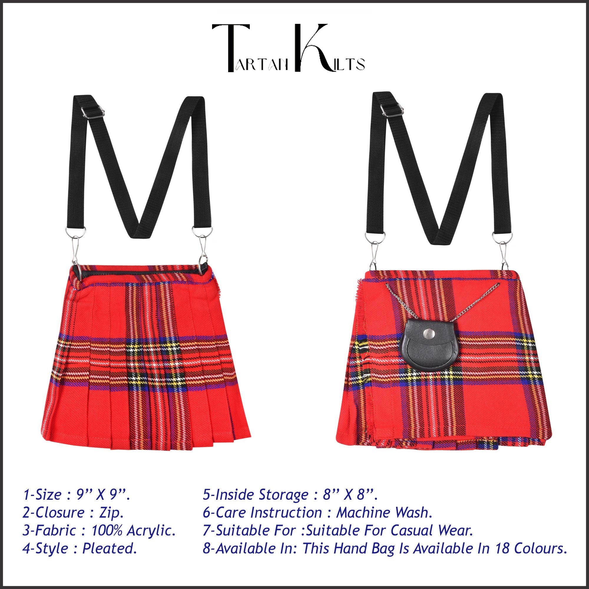Traditional Scottish Women Tartan Bag Pleated Crossbody Purse - Adjustable Straps, Zip Closure Royal Stewart Tartan