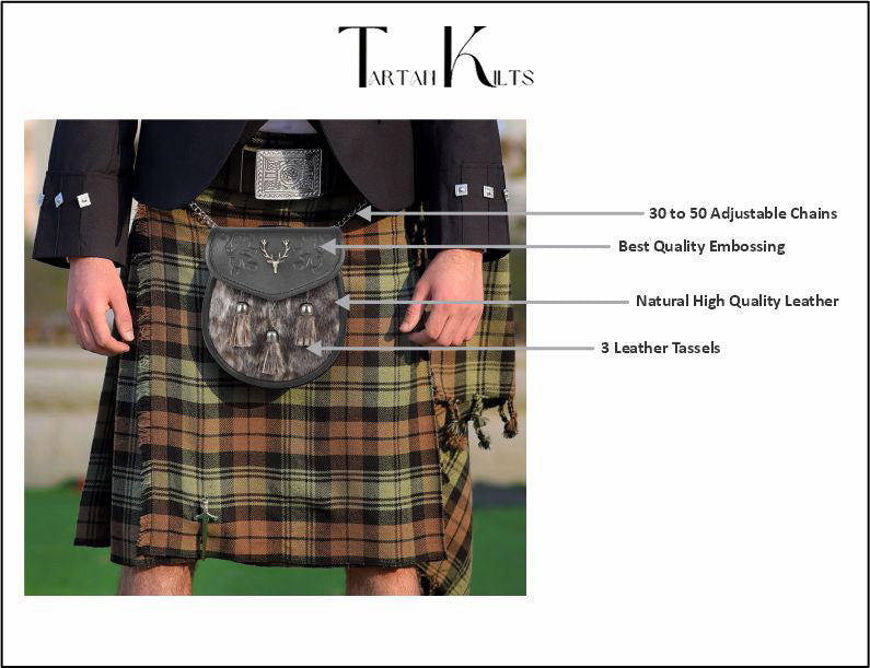 Premium Leather Sporran for Men - Ideal Kilt Accessories for Men, Scottish Kilt Sporran with Chain Belt Art # 9