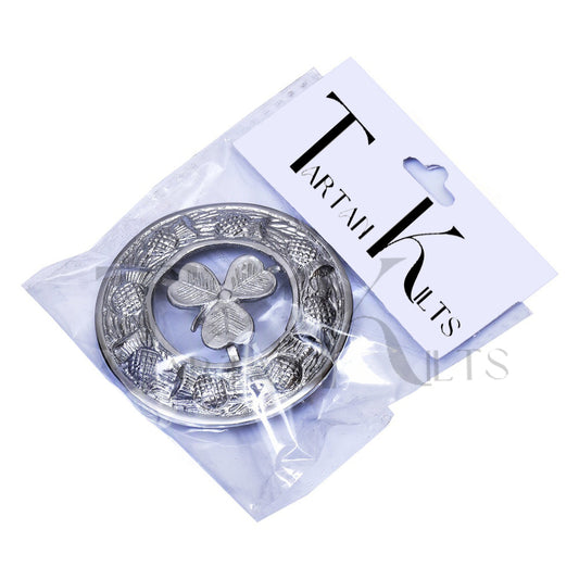 Scottish Shamrock Kilt Fly Plaid Brooch With Scrolling Thistle Border