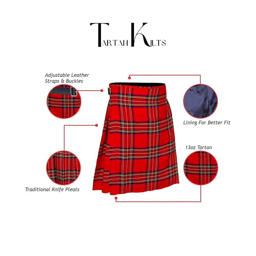 Authentic Scottish Men's Tartan Kilts - Highland Light Weight Value Kilt Embrace Your Heritage with Comfort Royal Stewart Tartan Kilt