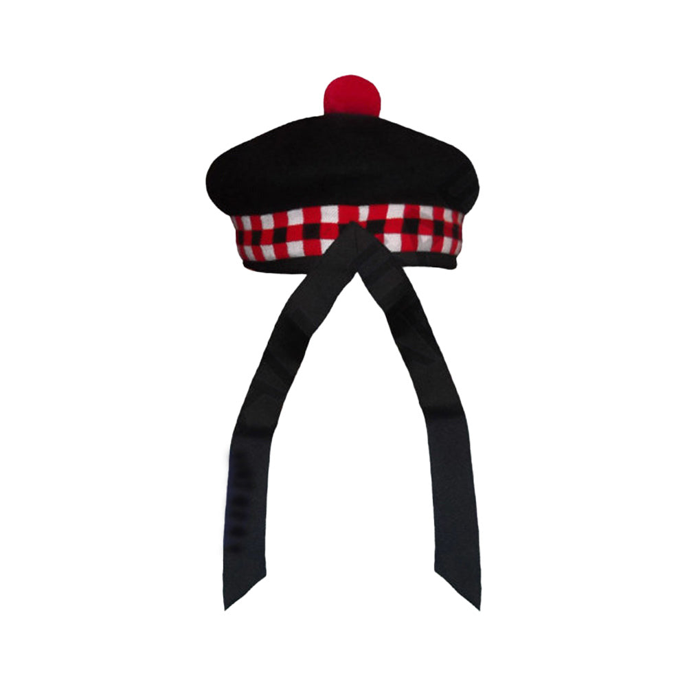 Scottish Black Wool Blended Balmorals Dice Hat With Red Pompom on Top