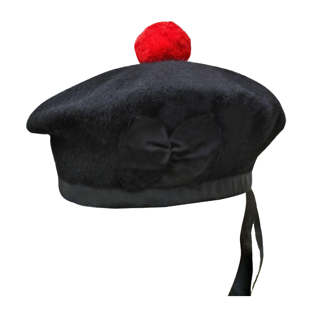 Scottish Black Wool Blended Balmorals Hat With Red Pompom on Top