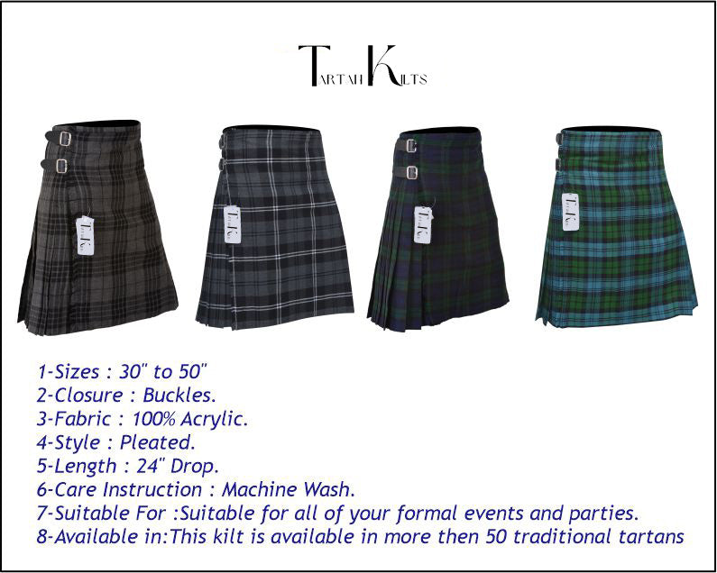 Men's 8 Yard Kilt for Men, Men's Deluxe Kilt, Scottish Tartan Kilt, Highland Wedding Kilt, Grey Watch Kilt