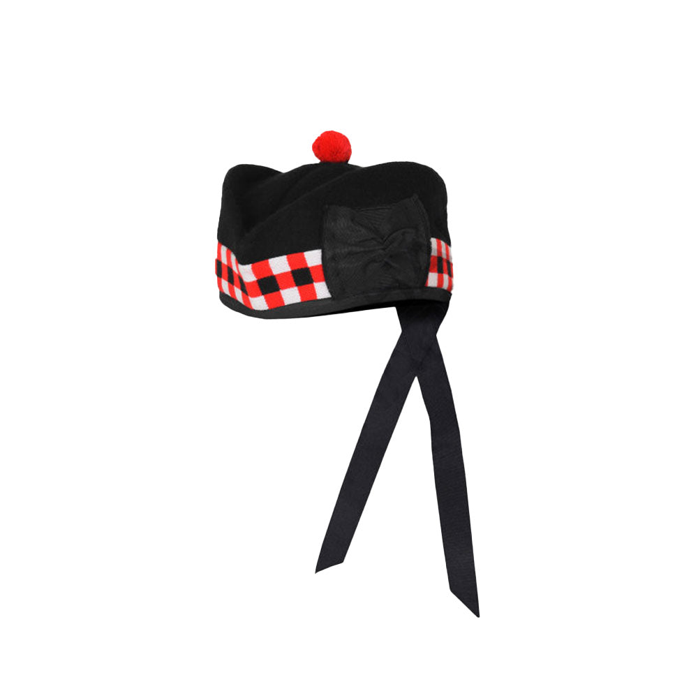 Scottish Black Wool Glengarry Dice Hat with Red Pompom