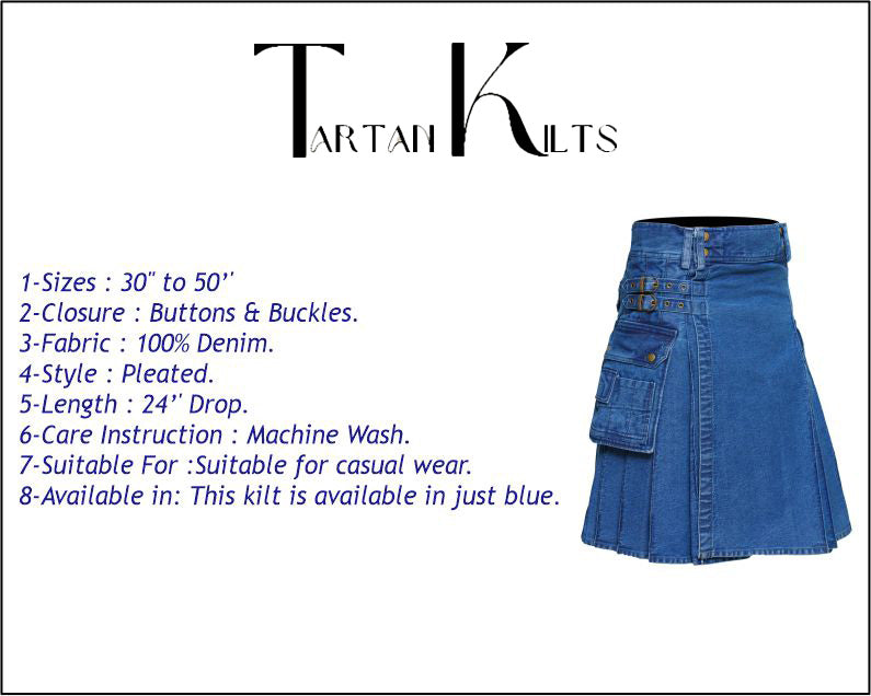 Men's Deluxe Utility Denim Kilt - Modern Utility Kilt for Men, Authentic Jean Kilts with Tactical Style