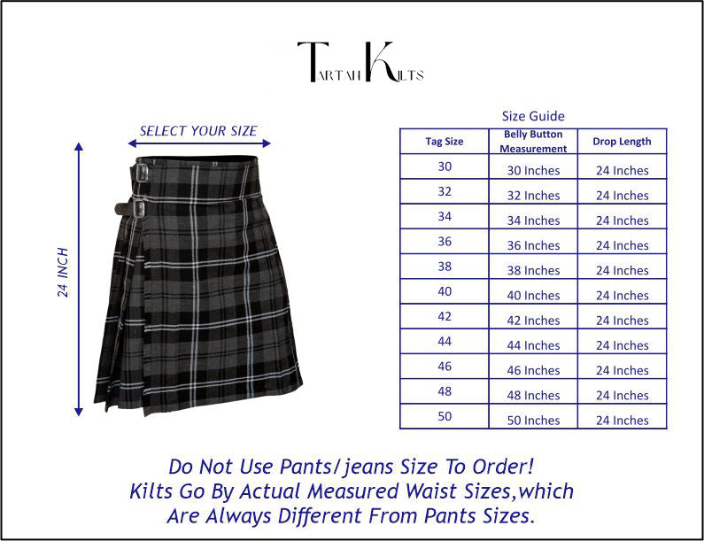 5 Yard Granite Tartan Kilt sizes
