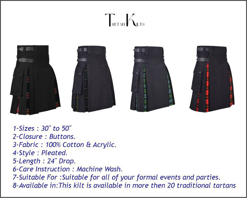 Men's Black Stewart Tartan Hybrid Kilt with Cargo Pockets, Utility Kilt