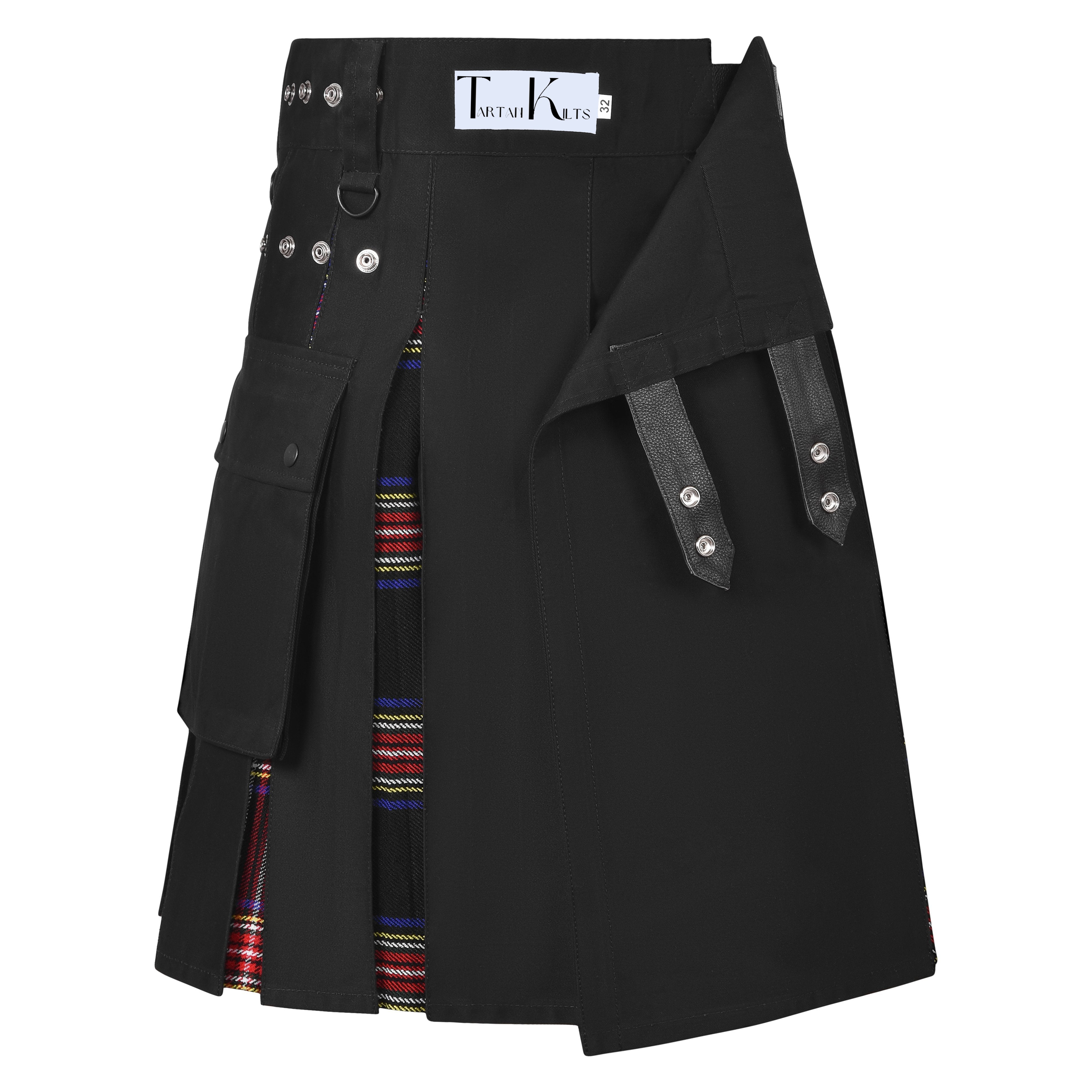 Men's Black Stewart Tartan Hybrid Kilt with Cargo Pockets, Utility Kilt