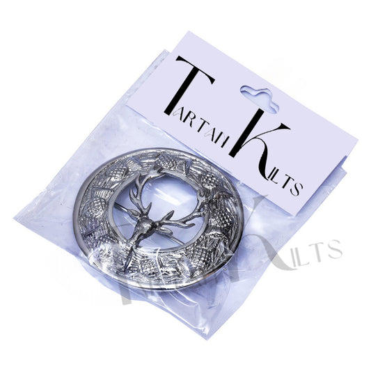 Scottish Stag Head Kilt Fly Plaid Brooch With Scrolling Thistle Border