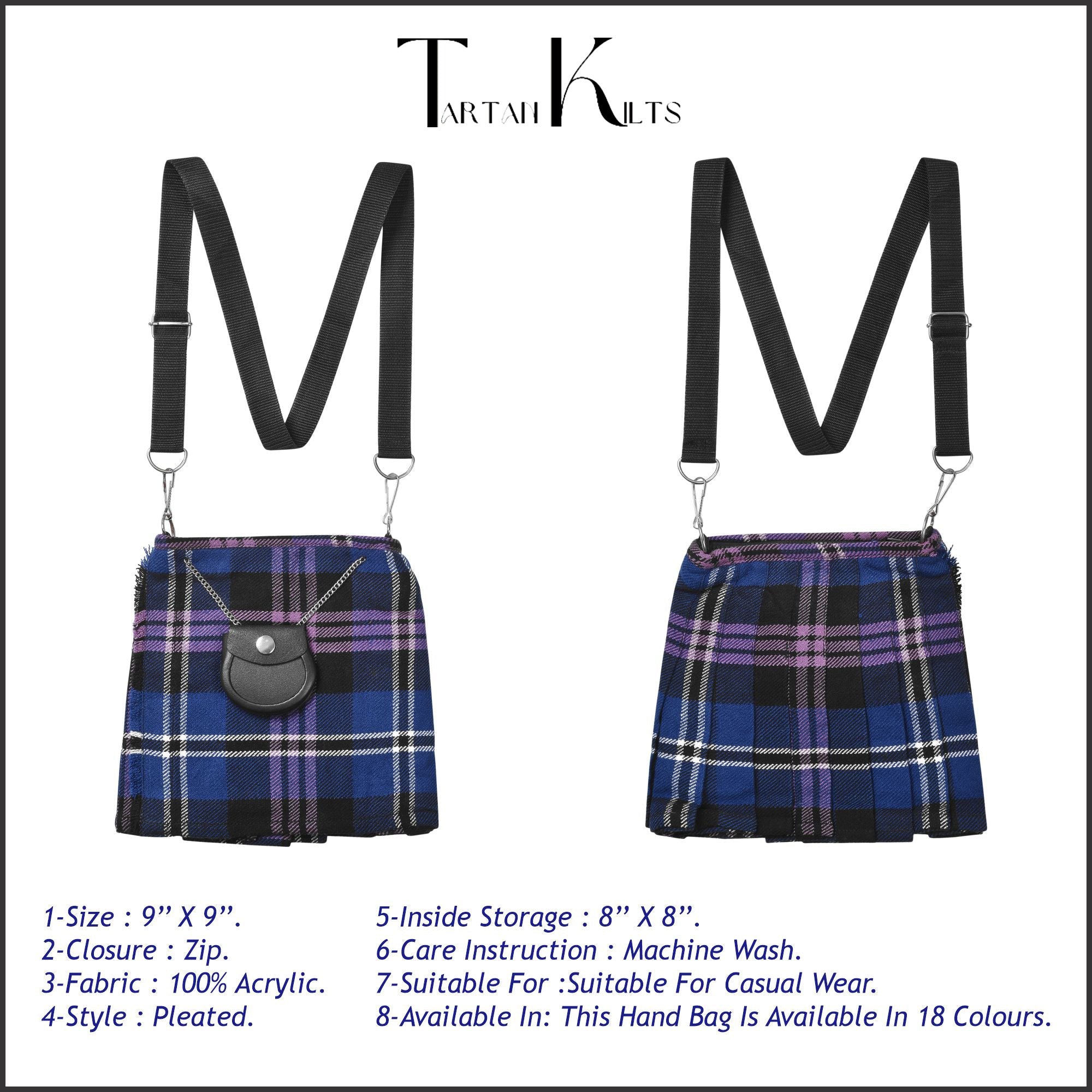 Traditional Scottish Women Tartan Bag Pleated Crossbody Purse - Adjustable Straps, Zip Closure Scottish Heritage Tartan