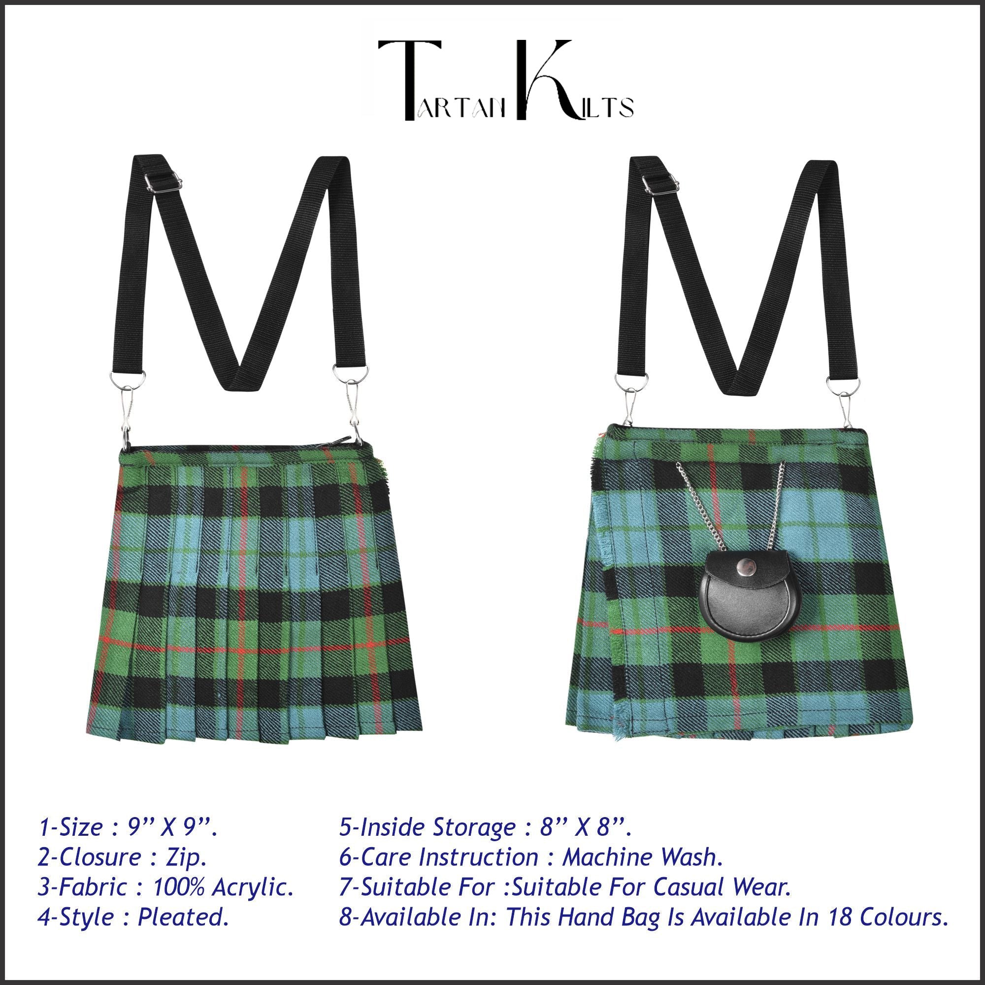 Traditional Scottish Women Tartan Bag Pleated Crossbody Purse - Adjustable Straps, Zip Closure Gunn Ancient Tartan