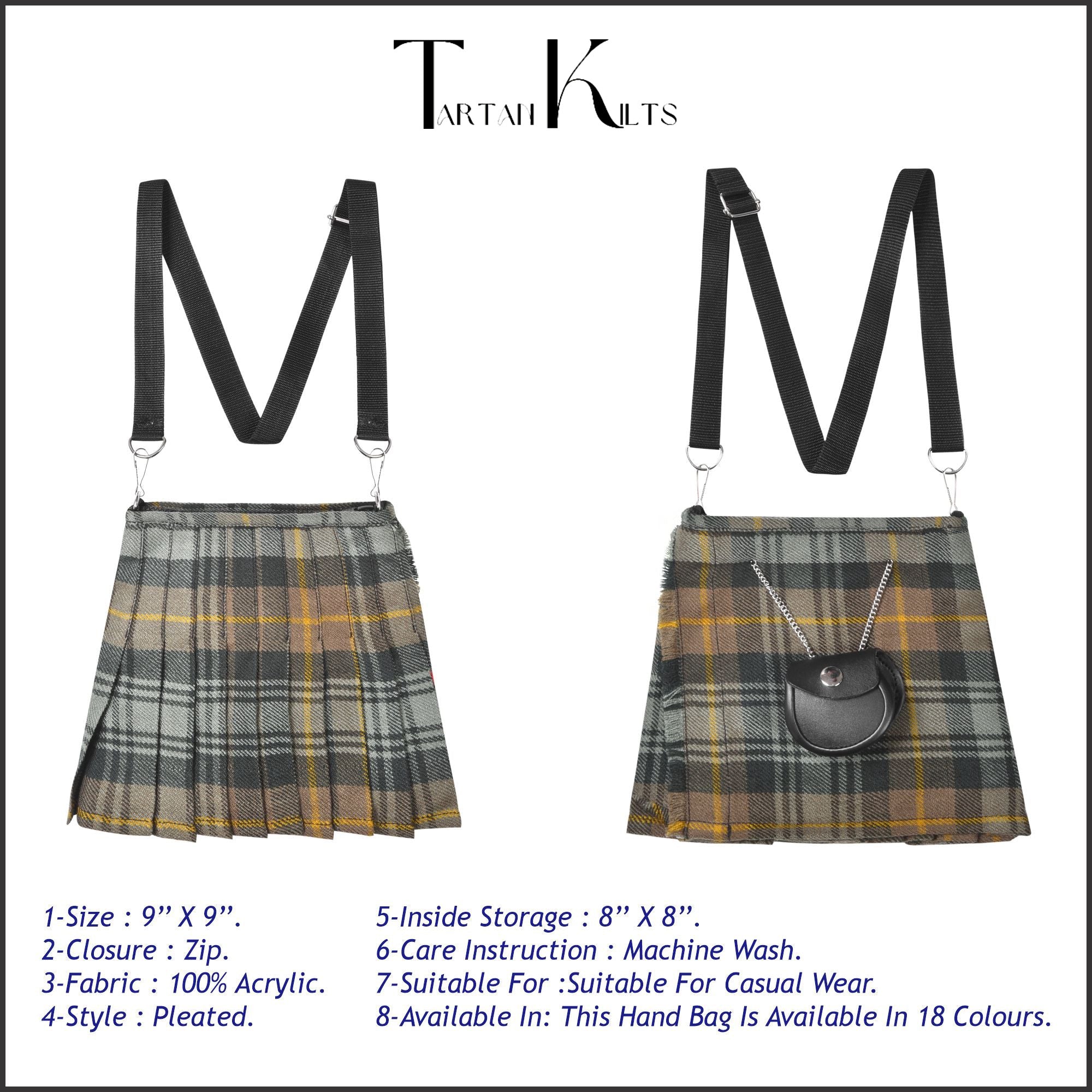 Traditional Scottish Women Tartan Bag Pleated Crossbody Purse - Adjustable Straps, Zip Closure Gordon Weathered Tartan