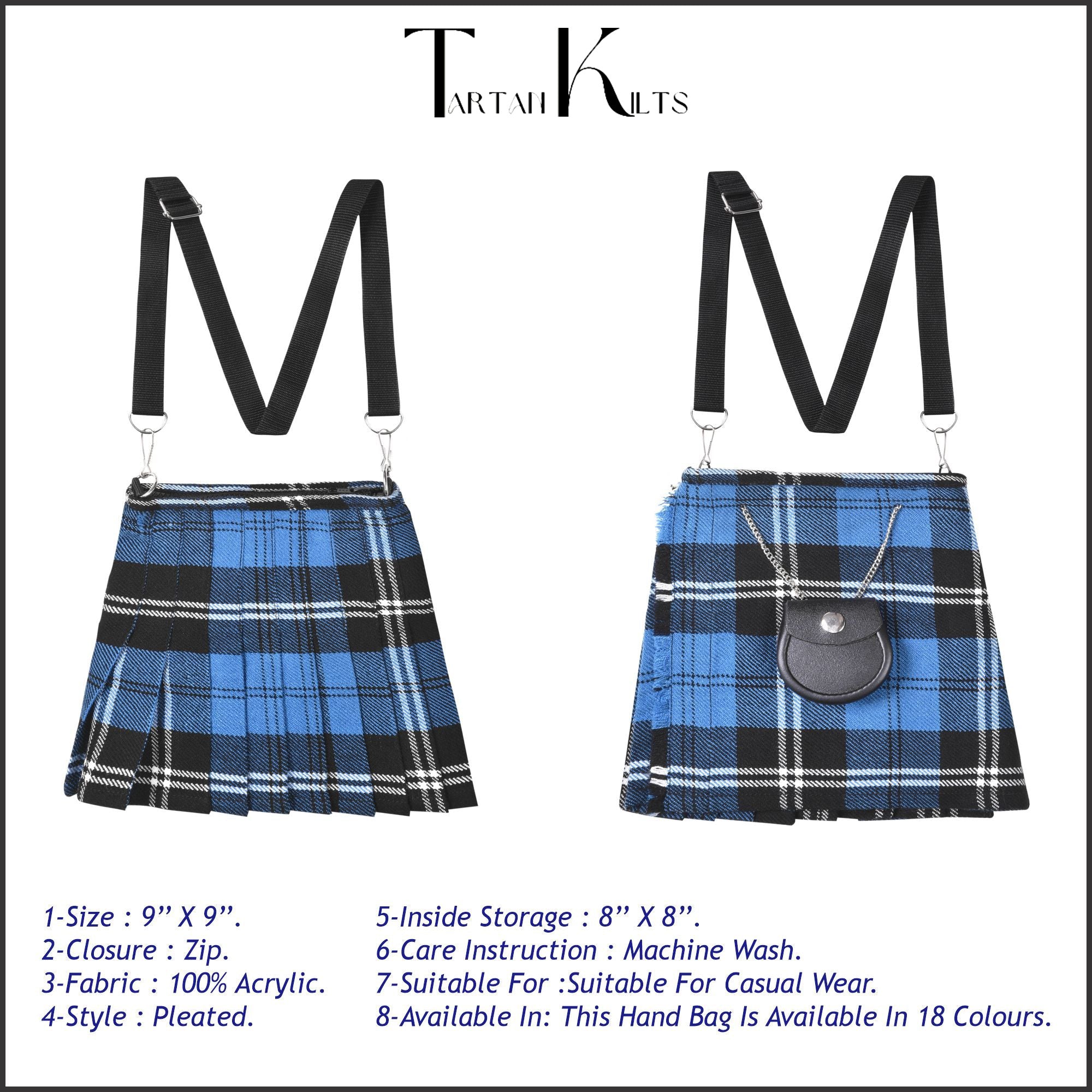 Traditional Scottish Women Tartan Bag Pleated Crossbody Purse - Adjustable Straps, Zip Closure Blue Ramsay Tartan
