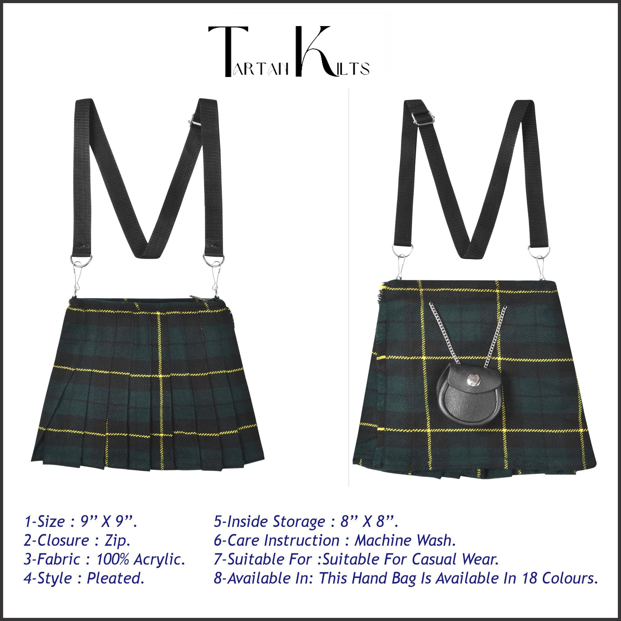 Traditional Scottish Women Tartan Bag Pleated Crossbody Purse - Adjustable Straps, Zip Closure Wallace Hunting Tartan