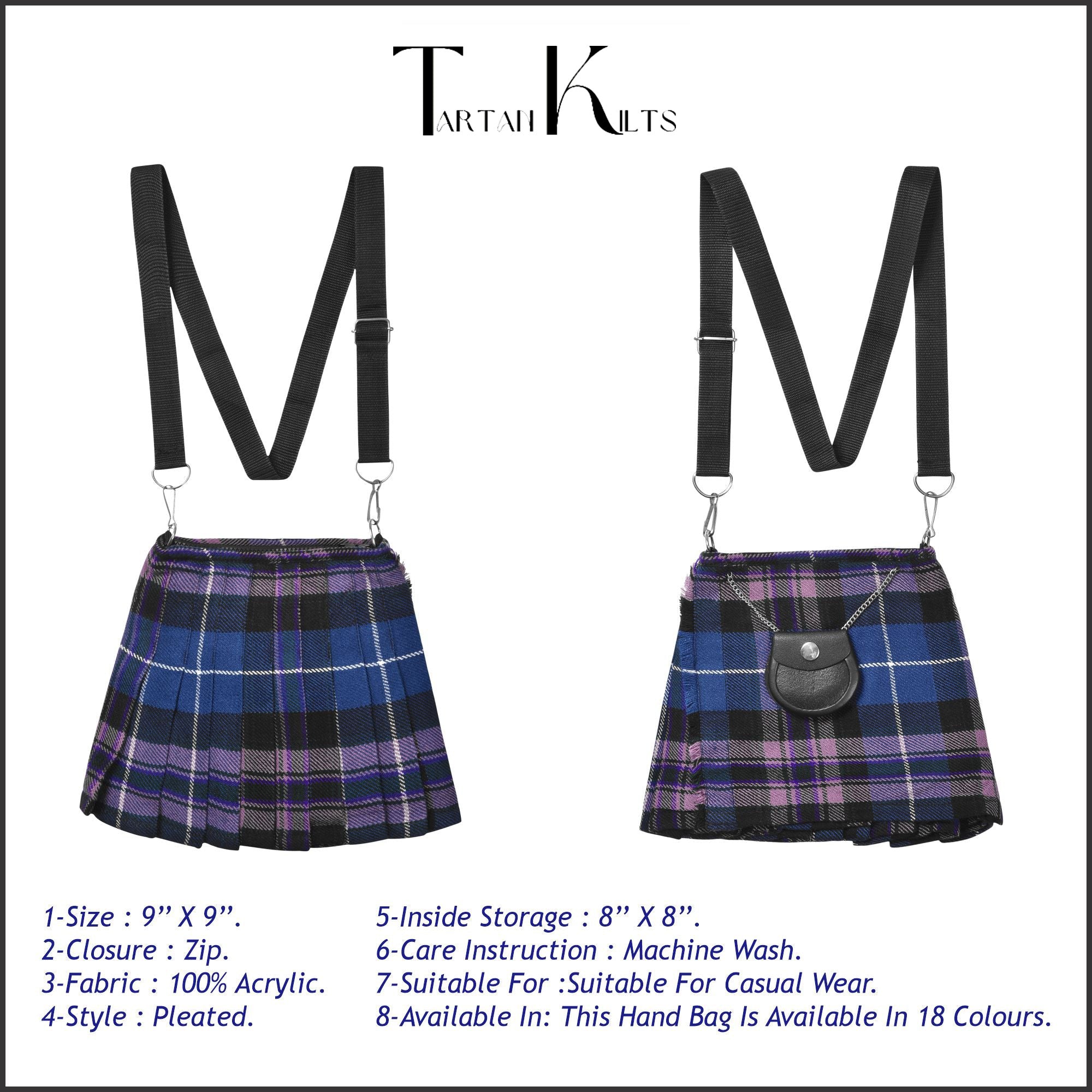Traditional Scottish Women Tartan Bag Pleated Crossbody Purse - Adjustable Straps, Zip Closure Pride of Scotland Tartan