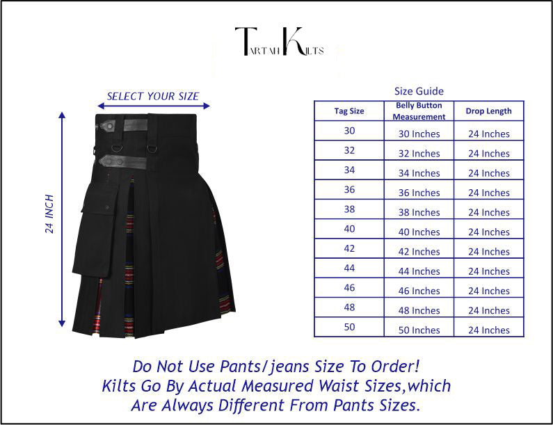Men's Black Stewart Tartan Hybrid Kilt with Cargo Pockets, Utility Kilt