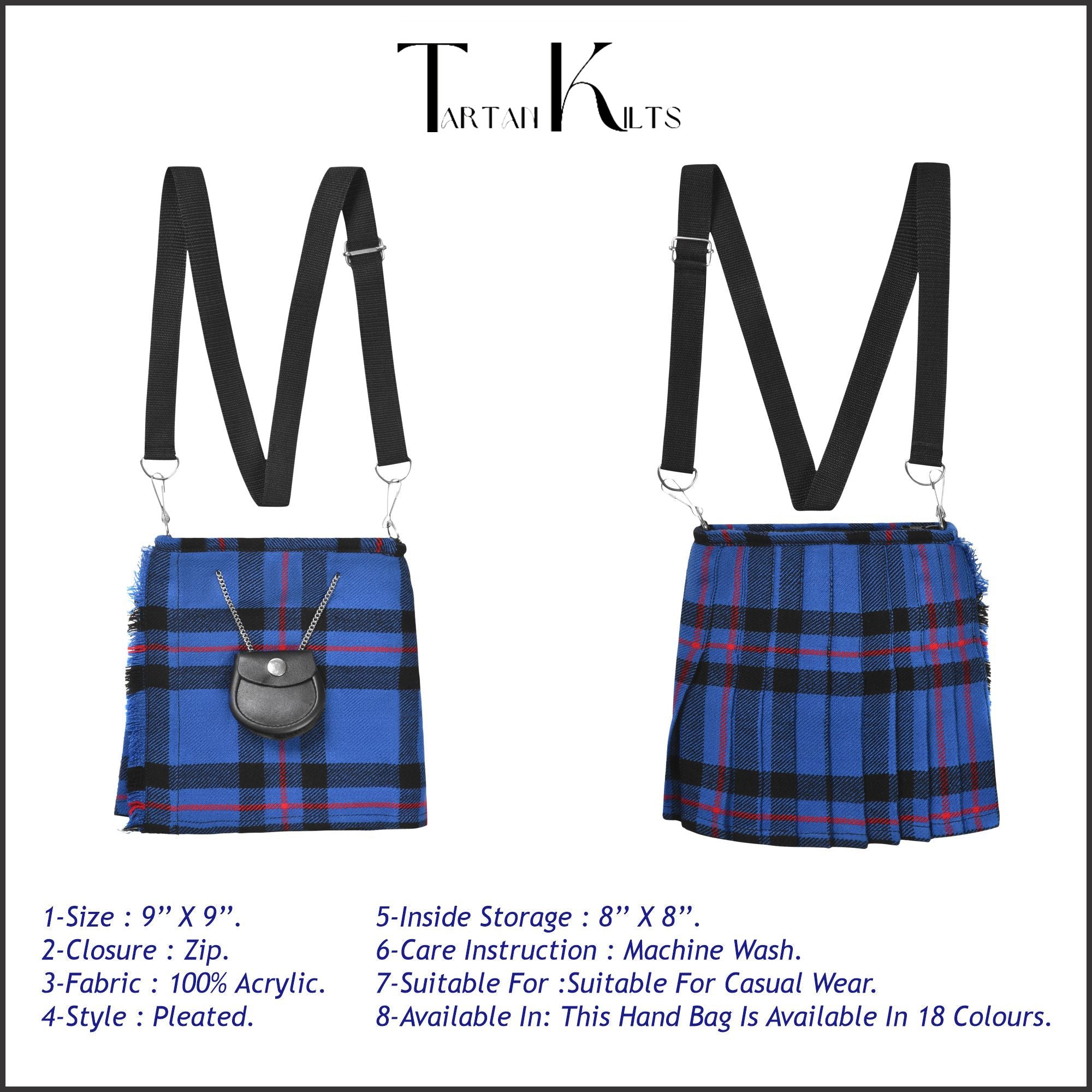 Traditional Scottish Women Tartan Bag Pleated Crossbody Purse - Adjustable Straps, Zip Closure Elliot Modern Tartan
