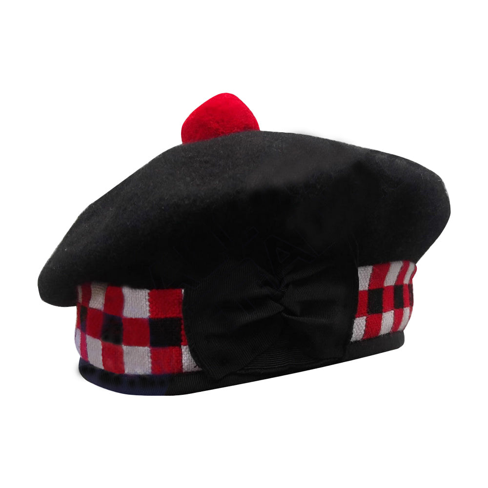 Scottish Black Wool Blended Balmorals Dice Hat With Red Pompom on Top