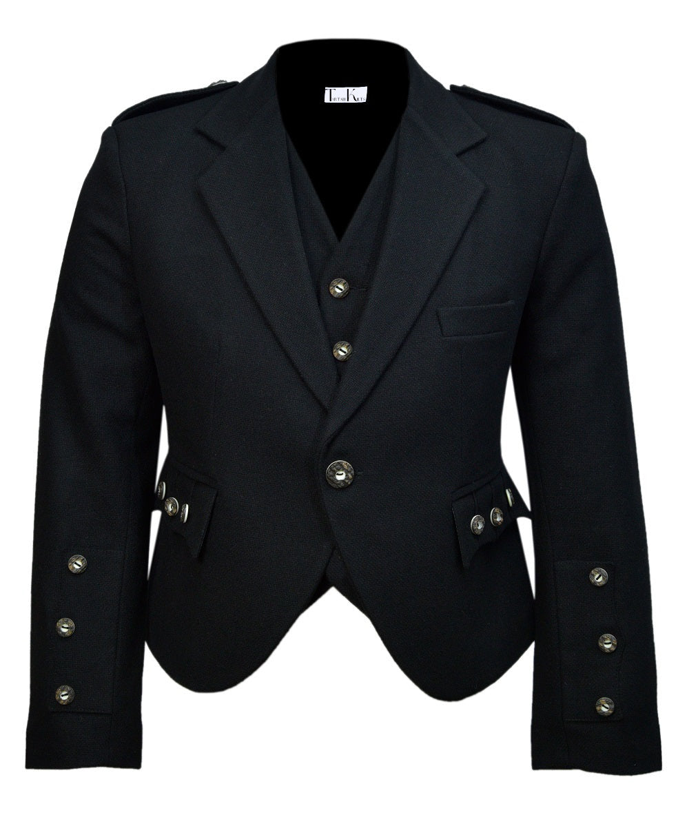 Scottish Black Tweed Argyle Kilt Jacket With Waistcoat/Vest - Sizes 36"- 54"