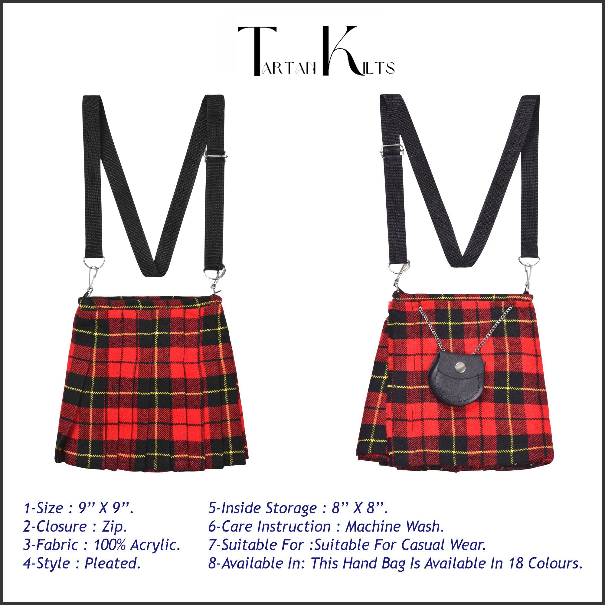 Traditional Scottish Women Tartan Bag Pleated Crossbody Purse - Adjustable Straps, Zip Closure Wallace Tartan