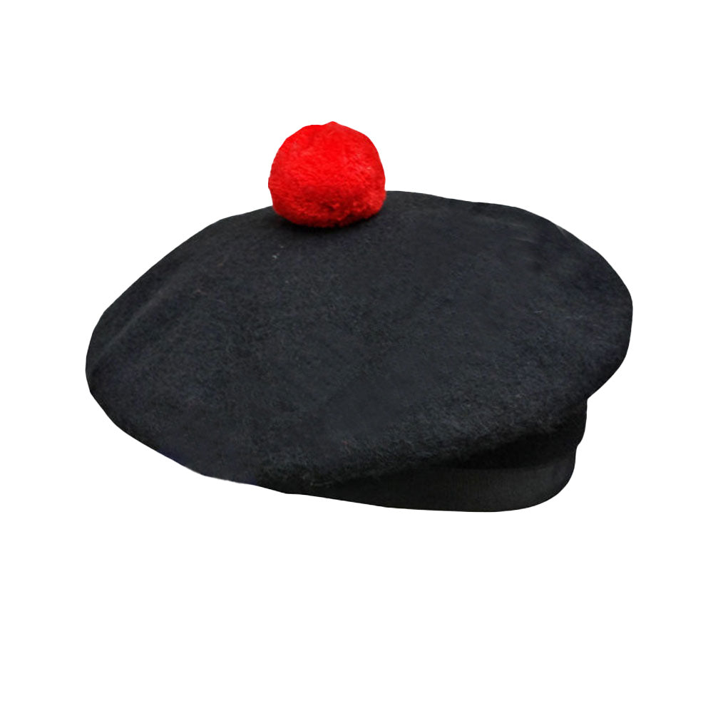 Scottish Black Wool Blended Balmorals Hat With Red Pompom on Top