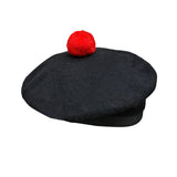 Scottish Black Wool Blended Balmorals Hat With Red Pompom on Top
