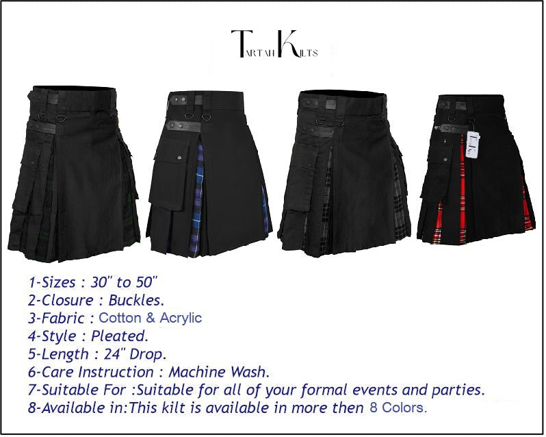 Men's Grey watch Tartan Hybrid Kilt with Cargo Pockets, Utility Kilt