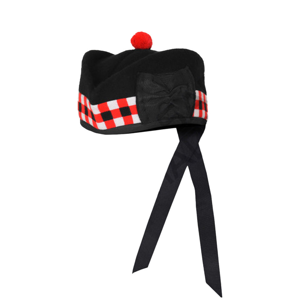 Scottish Black Wool Glengarry Dice Hat with Red Pompom