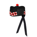Scottish Black Wool Glengarry Dice Hat with Red Pompom
