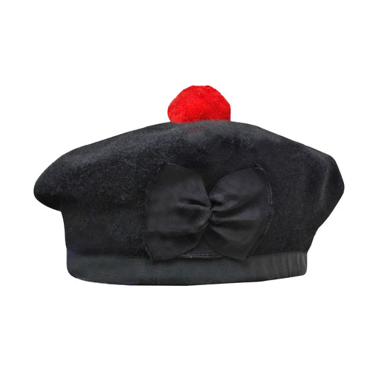 Scottish Black Wool Blended Balmorals Hat With Red Pompom on Top