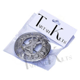 Scottish St. Andrews Kilt Fly Plaid Brooch With Scrolling Thistle Border
