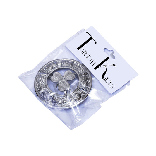 Scottish Shamrock Kilt Fly Plaid Brooch With Scrolling Thistle Border