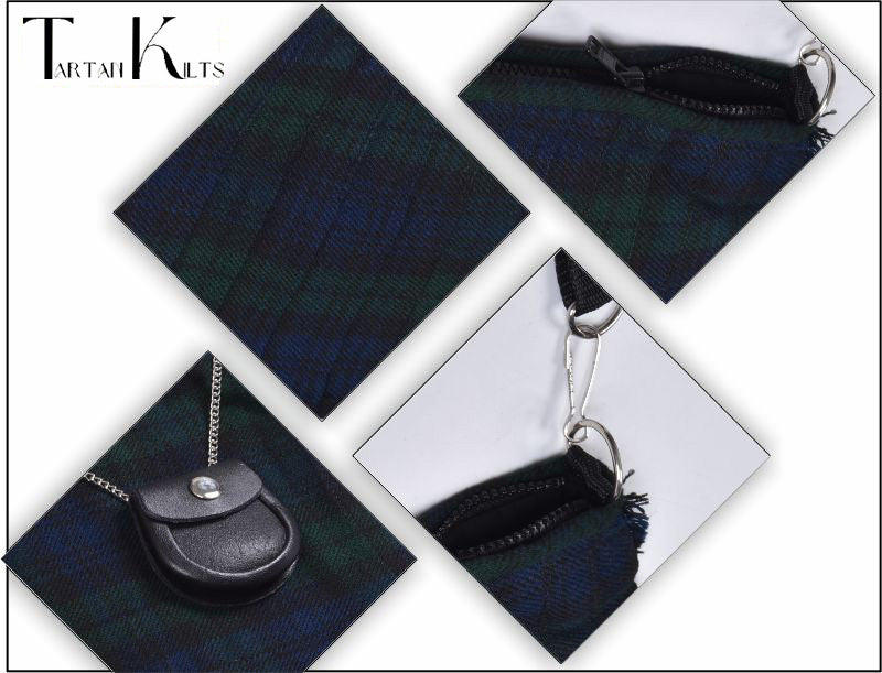 Traditional Scottish Women Tartan Bag Pleated Crossbody Purse - Adjustable Straps, Zip Closure Black Watch Tartan
